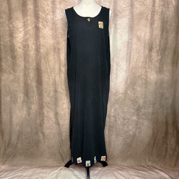 Vintage 90s Black Sleeveless Patchwork Garden Seed Packet Shift Dress Cottage - Picture 11 of 11